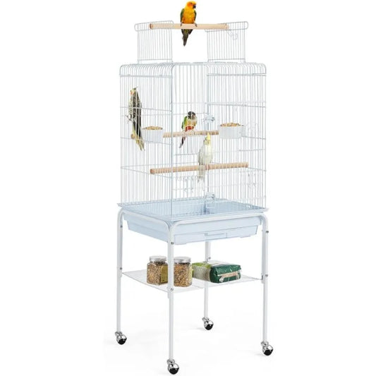 Open Top Parrot Bird Cages w/Detachable Rolling Stand, White