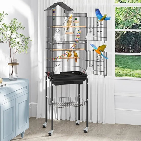 62 inch Metal Bird Cage with Roof Top, Rolling Stand and Hanging